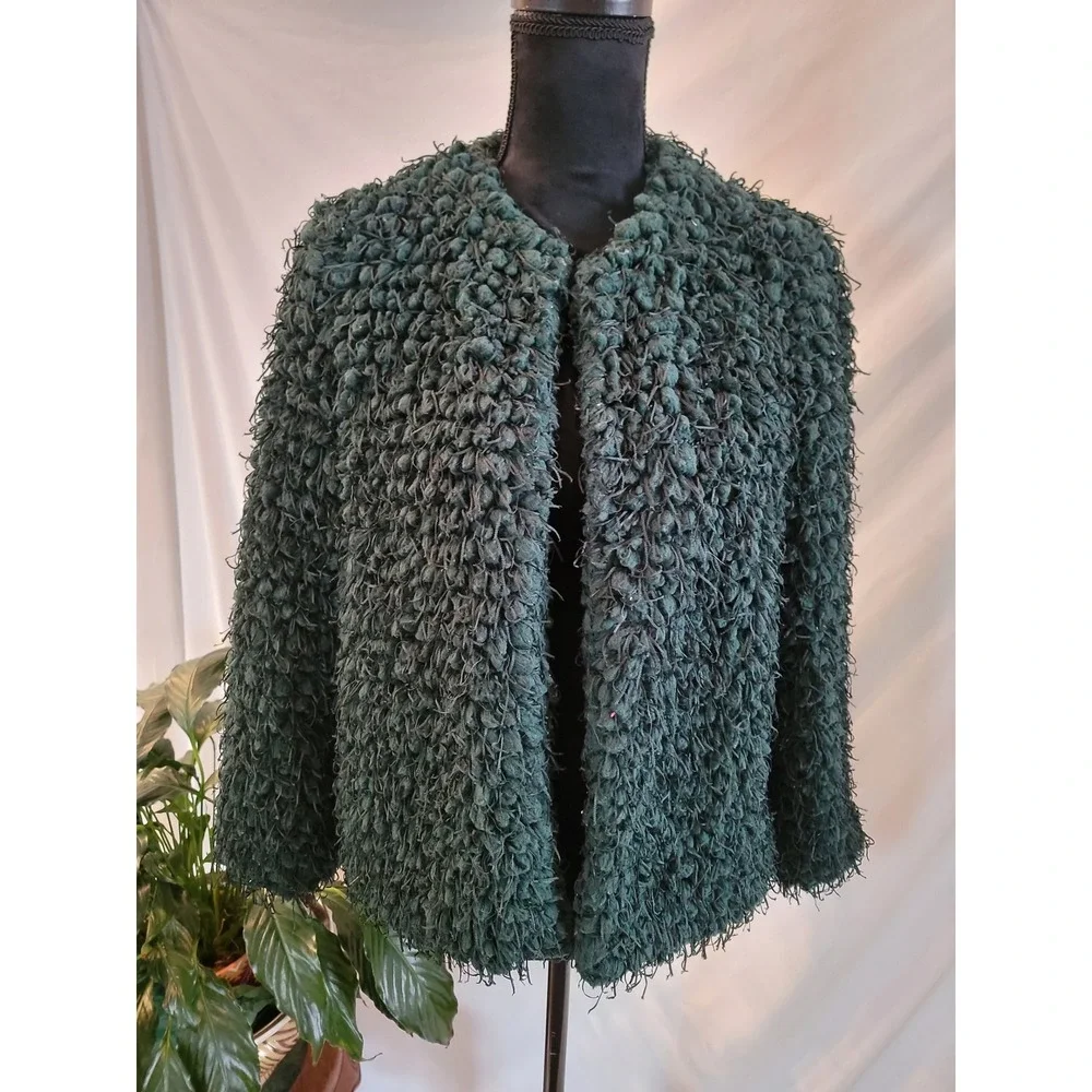 Zara Basic Forest Green Shaggy Popcorn Knit Open Front Jacket Coat Womens Large